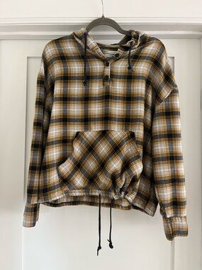Urban Outfitters Plaid Hooded Button Pullover - Mustard, Black & White S-P